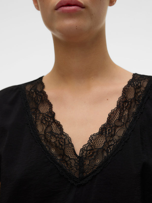 Vero Moda Safa Short Sleeve V-Neck Lace Top - Black