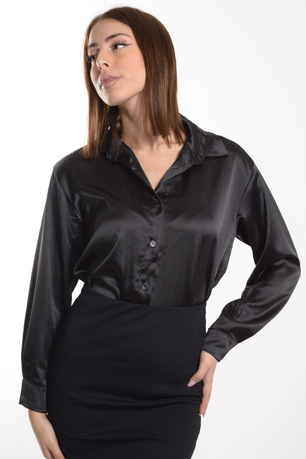 French Connection Long Sleeve Satin Shirt - Black