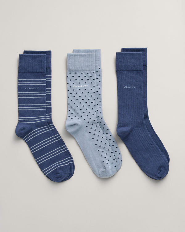 Gant Stripe Dot Rib 3 Pack Socks - Dusty Blue Sea