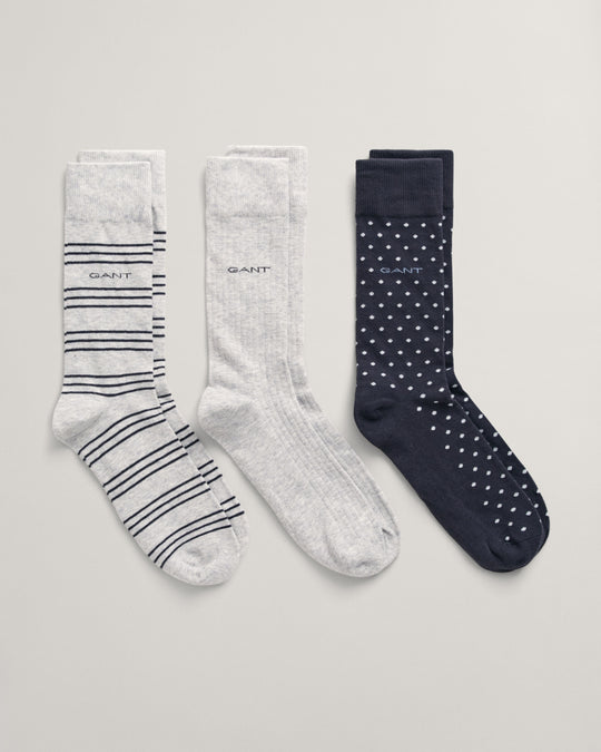 Gant Stripe Dot Rib 3 Pack Socks - Light Grey Melange