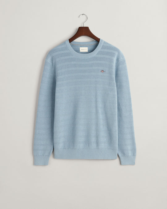 Gant Stripe Textured Cotton Crew Neck - Dove Blue