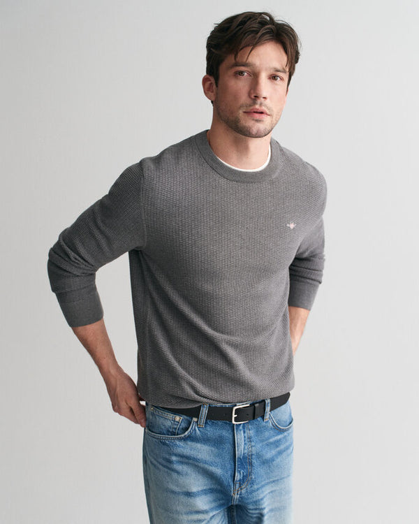 Gant Cotton Micro Textured C-Neck - Dark Grey Melange