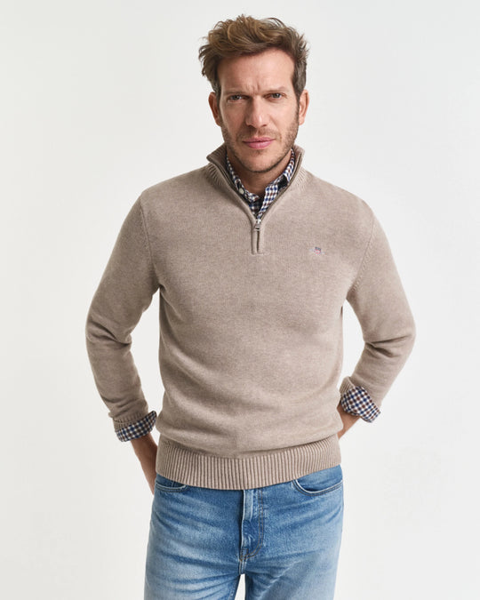 Gant Casual Cotton Half Zip - Dark Sand Melange