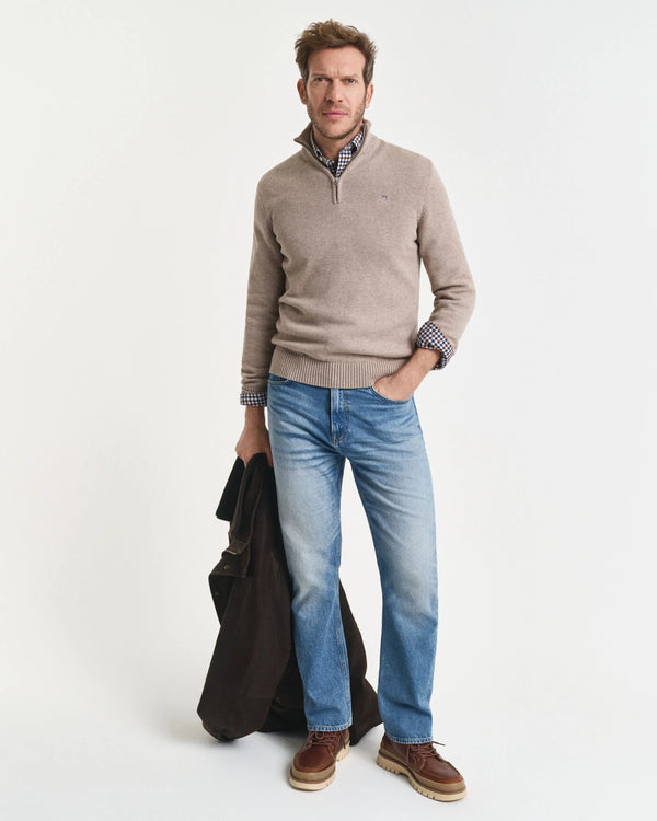 Gant Casual Cotton Half Zip - Dark Sand Melange