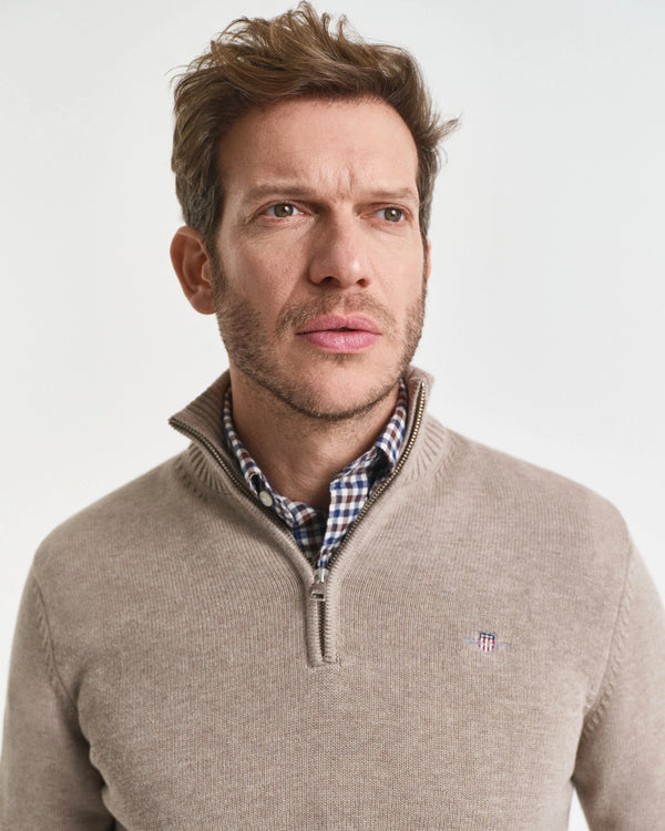 Gant Casual Cotton Half Zip - Dark Sand Melange