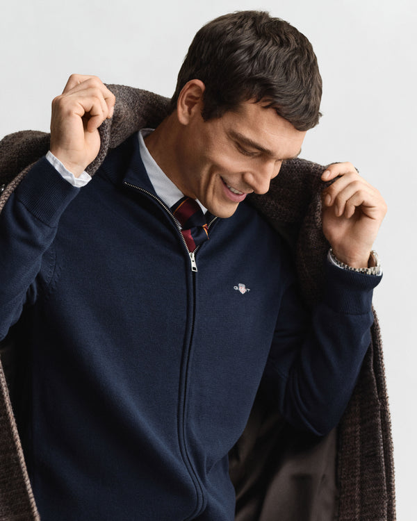 Gant Casual Cotton Zip Cardigan - Evening Blue