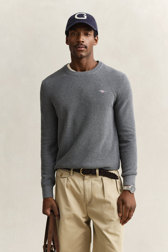 Gant  Micro Textured Cotton C-Neck - Dark Grey Melange