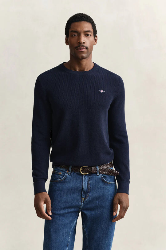Gant Micro Textured Cotton C-Neck - Rich Navy