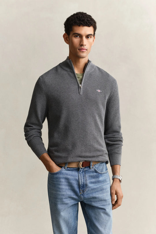 Gant Micro Texture Cotton Half Zip - Mid Grey