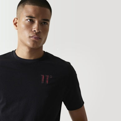 11 Degrees Printed Sleeve Cuff Logo T-Shirt - Black Aztec AOP