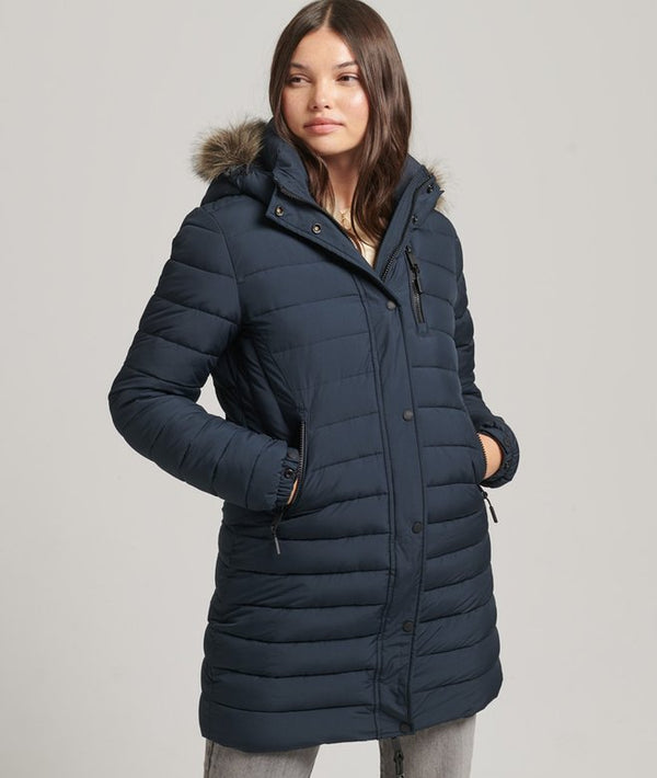 Superdry Fuji Faux Fur Hood Mid Length Puffer Jacket - Eclipse Navy