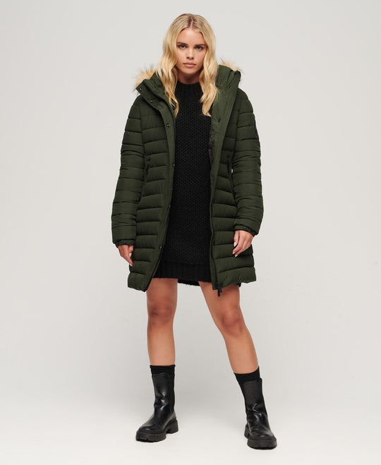 Superdry Fuji Mid Length Puffer - Dark Moss Green