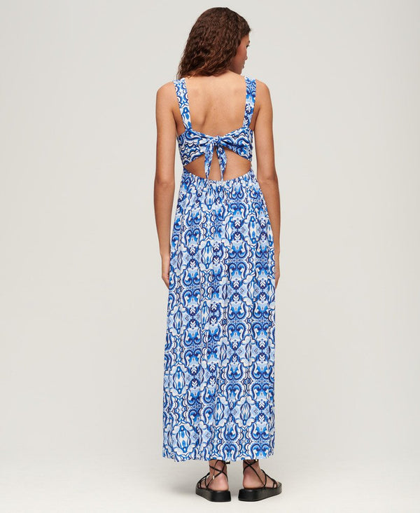 Superdry Tie Back Maxi Dress - Tile Print Blue