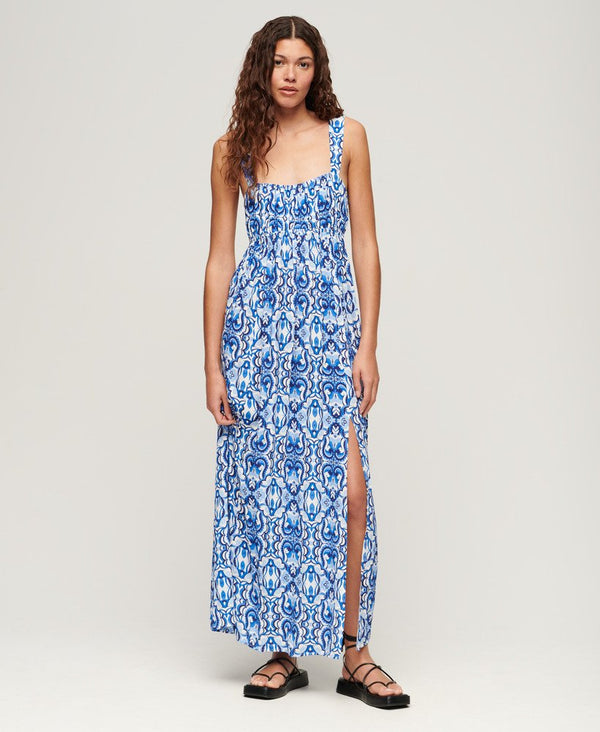 Superdry Tie Back Maxi Dress - Tile Print Blue