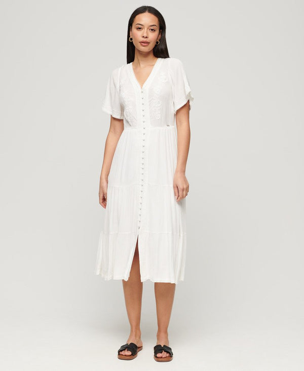 Superdry Embroidered Tiered Midi Dress - Off White