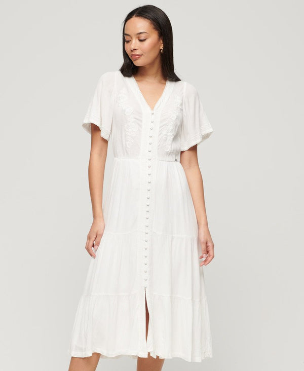 Superdry Embroidered Tiered Midi Dress - Off White