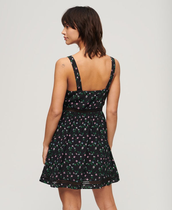 Superdry Lace Trim V-Neck Cami Dress- Black floral print