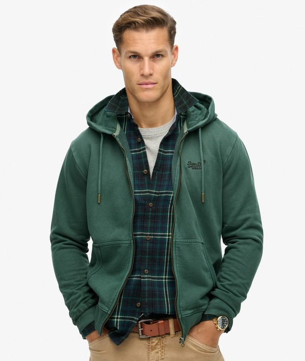 Superdry Essential Logo Washed Ziphood - Forest Green