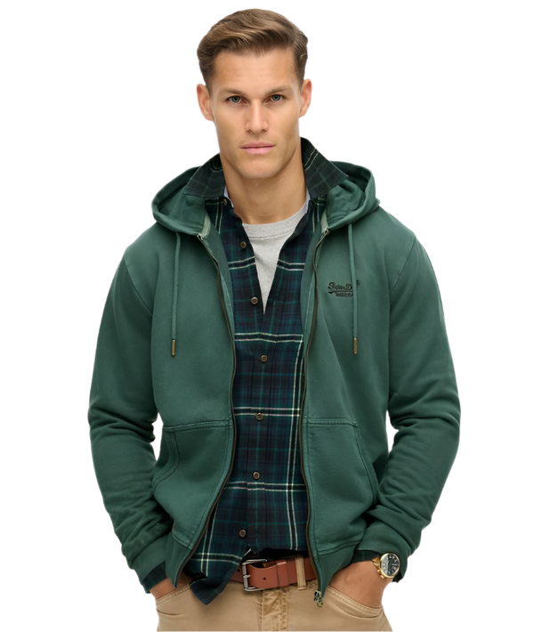 Superdry Essential Logo Washed Ziphood - Forest Green