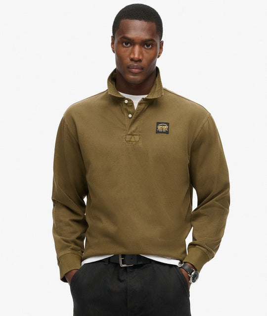 Superdry Contrast Stitch LS Rugby Top - Washed Beach Dark Green