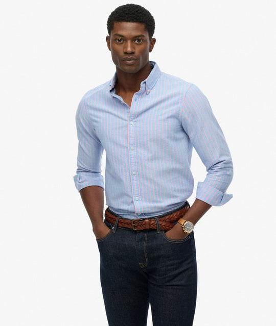Superdry Classic Oxford Long Sleeve Shirt - French Blue Stripe/Coral