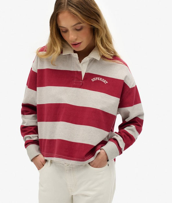 Superdry Athletic Essential Stripe Rugby Top - Bordeaux Red Stripe
