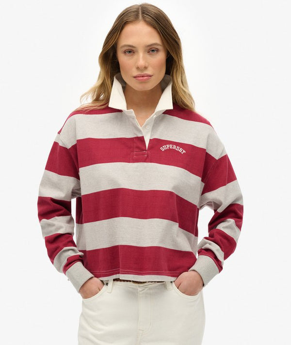 Superdry Athletic Essential Stripe Rugby Top - Bordeaux Red Stripe