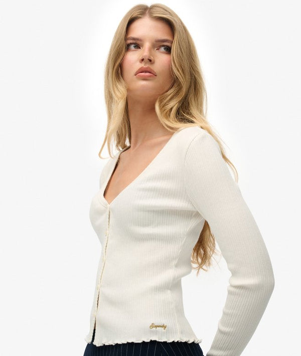 Superdry Essential Button Through Long Sleeve Top - Off White
