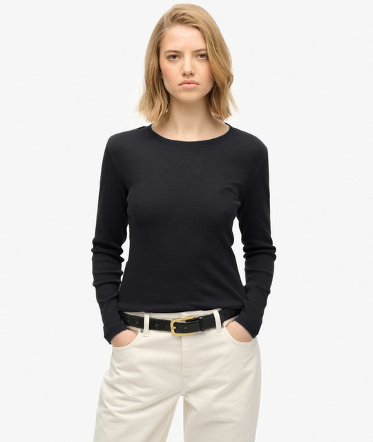 Superdry Essential Logo Garment Dyed Ribbed Long Sleeve Top - Bison Black