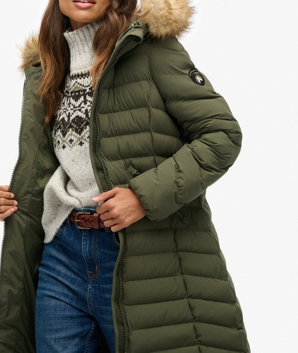 Superdry Fuji Faux Fur Hooded Longliner - Bettle Green