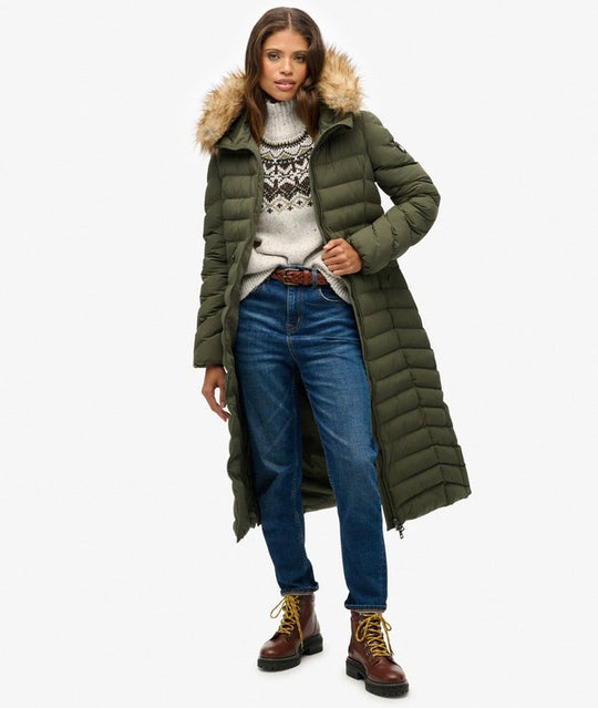 Superdry Fuji Faux Fur Hooded Longliner - Bettle Green