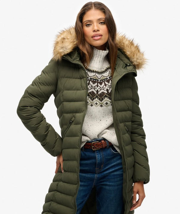 Superdry Fuji Faux Fur Hooded Longliner - Bettle Green