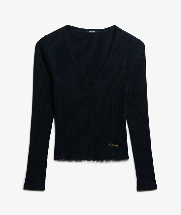 Superdry Essential Button Thru Long Sleeve Top - Eclipse Navy