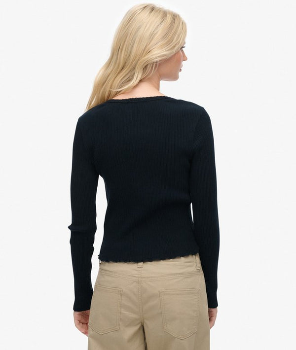 Superdry Essential Button Thru Long Sleeve Top - Eclipse Navy
