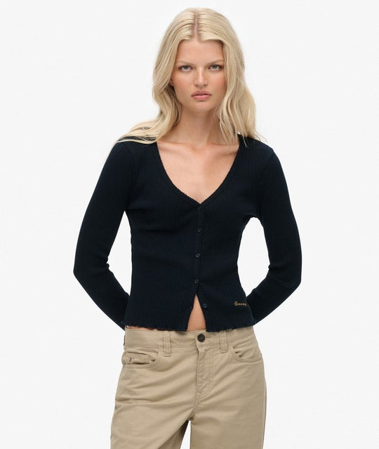 Superdry Essential Button Thru Long Sleeve Top - Eclipse Navy