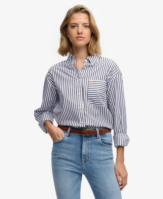 Superdry Poplin Relaxed Long Sleeve Shirt - Navy/White