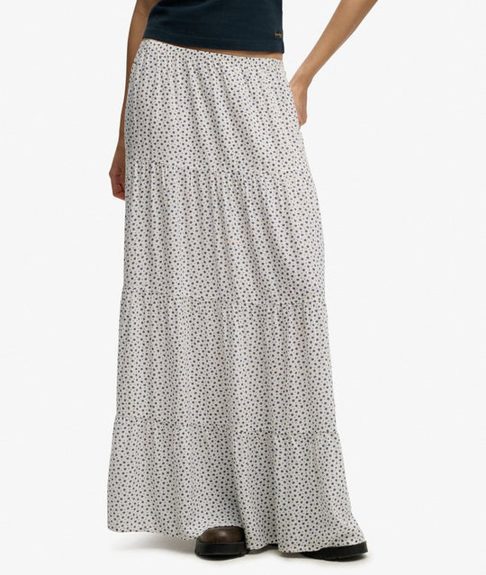 Superdry Woven Tiered Maxi Skirt - Off White Ditsy Hearts