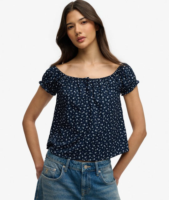 Superdry Short Sleeve Half Button Woven Top - Navy/ Off White Ditsy Floral