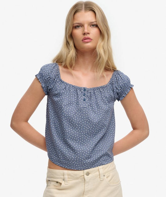 Superdry Short Sleeve Half Button Woven Top - Tidal Blue Ditsy Hearts