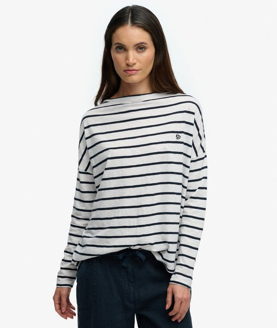 Superdry Studios Boat Neck Slub Long Sleeve Top - Optic/ Eclipse Navy