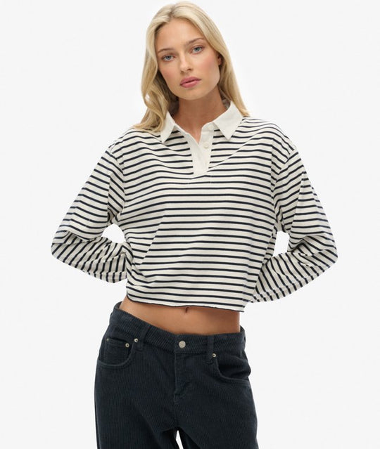 Superdry Athletic Essentials Cropped Stripe Rugby Top - Ecru Stripe
