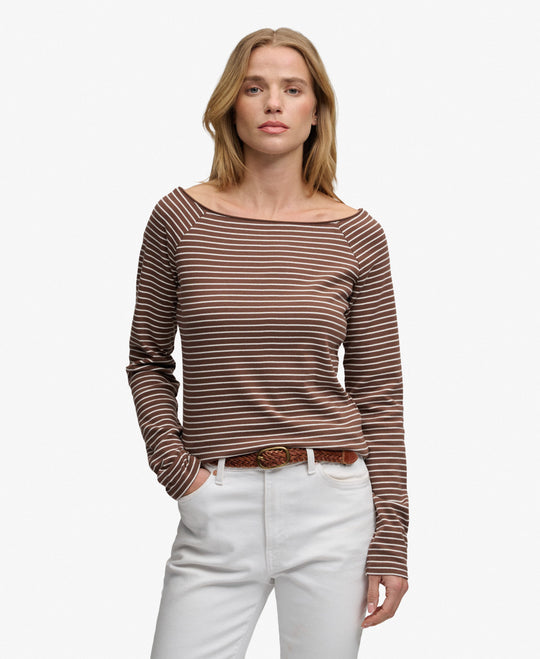 Superdry Bardot Off Shoulder Top - Chestnut Brown Stripe