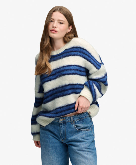 Superdry Slouchy Brushed Stripe Knit Jumper - Bleached Denim Blue Stripe