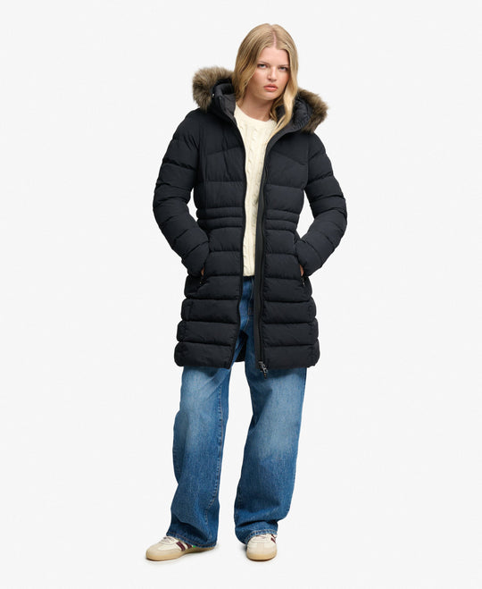 Superdry Hooded Faux Fur Fuji Mid Length Coat - Black