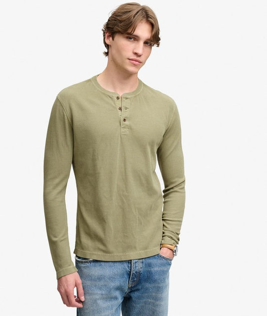 Superdry Waffle Long Sleeve Henley Top - Light Khaki Green