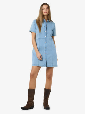 Noisy May Nisa Short Sleeve Slim Denim Dress- Light Blue Denim