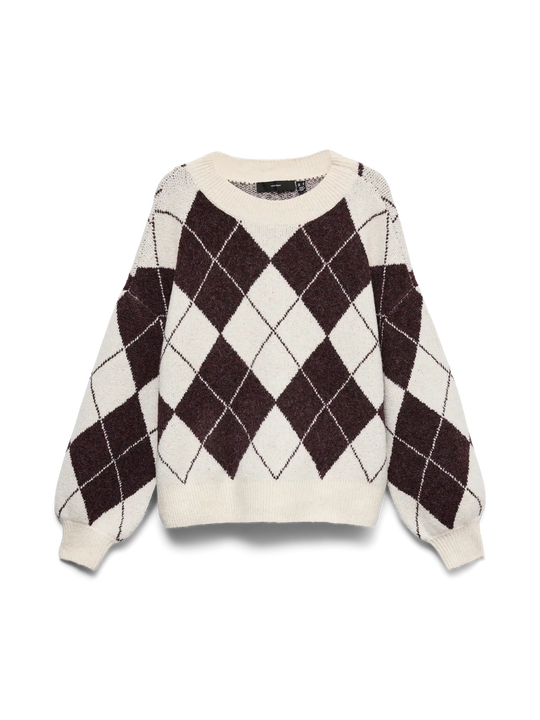 Vero Moda Doffy Jaquard Long Sleeve O Neck Knit - Windsor Wine/Argyle