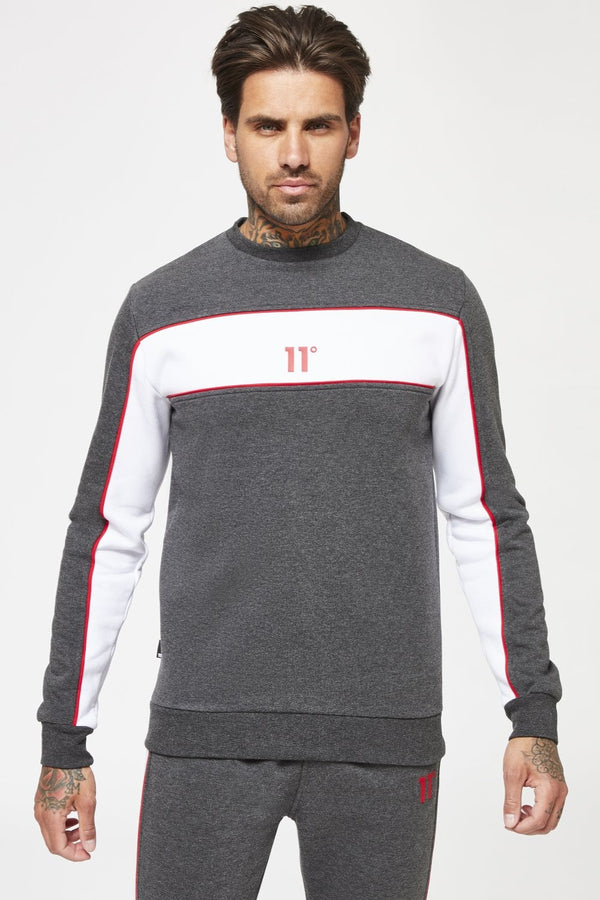 11 Degrees Colour Block Piped Sweatshirt - Black Marl / White / Goji Berry Red