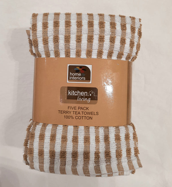 Home Interiors Five Pack Terry Tea Towels - Brown / White