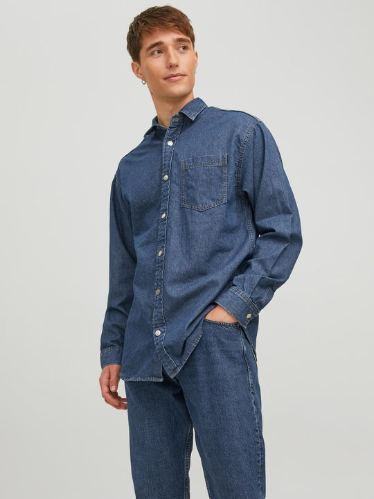 Jack & Jones Owen Twill Relaxed Shirt - Dark Blue Denim